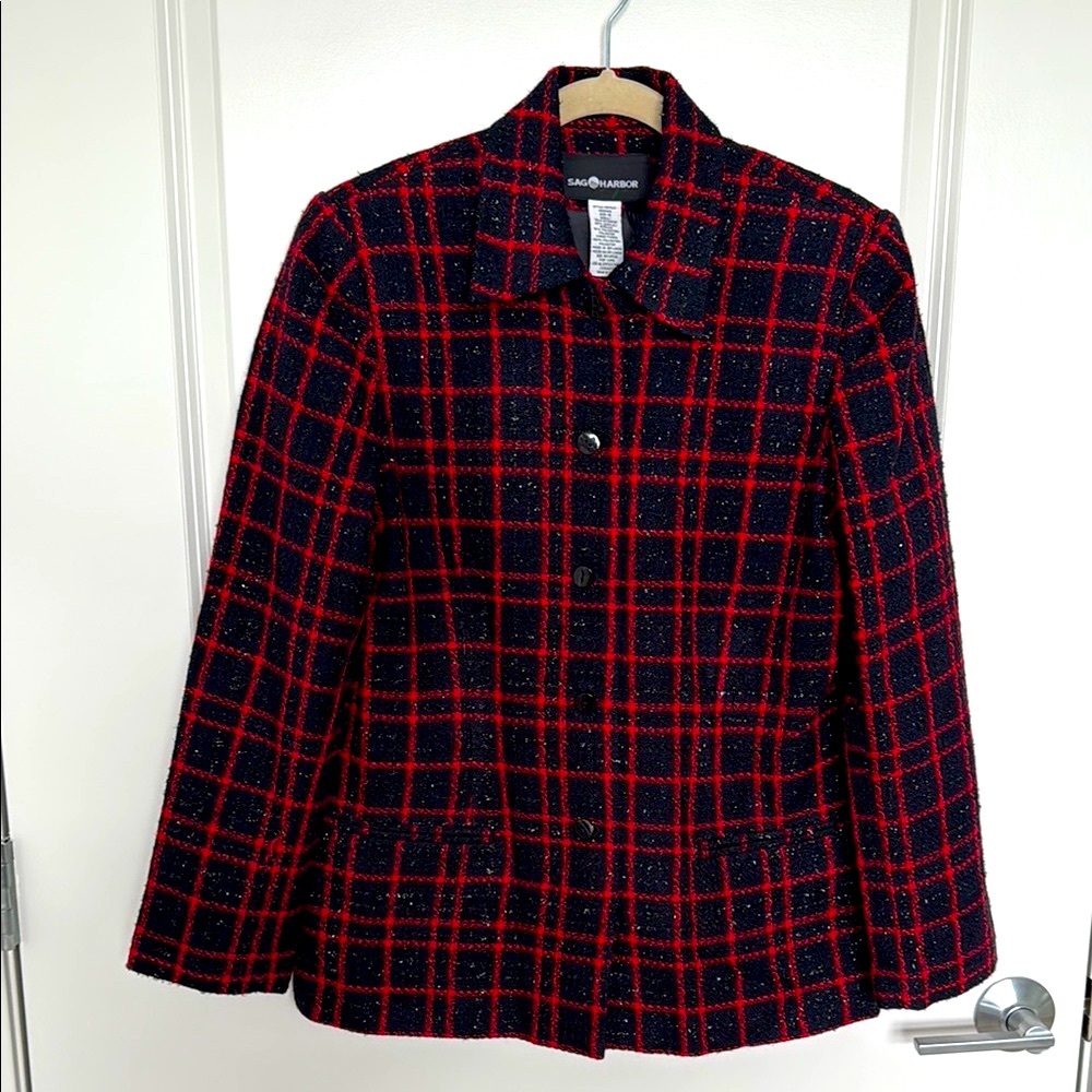 Women's Black and Red Plaid Sequin Jacket, size 10